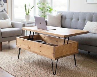 Rustic Coffee Table with Lifting Top:Solid wood storage coffee table,Handmade Farmhouse Industrial Hairpin Legs living room loft furniture