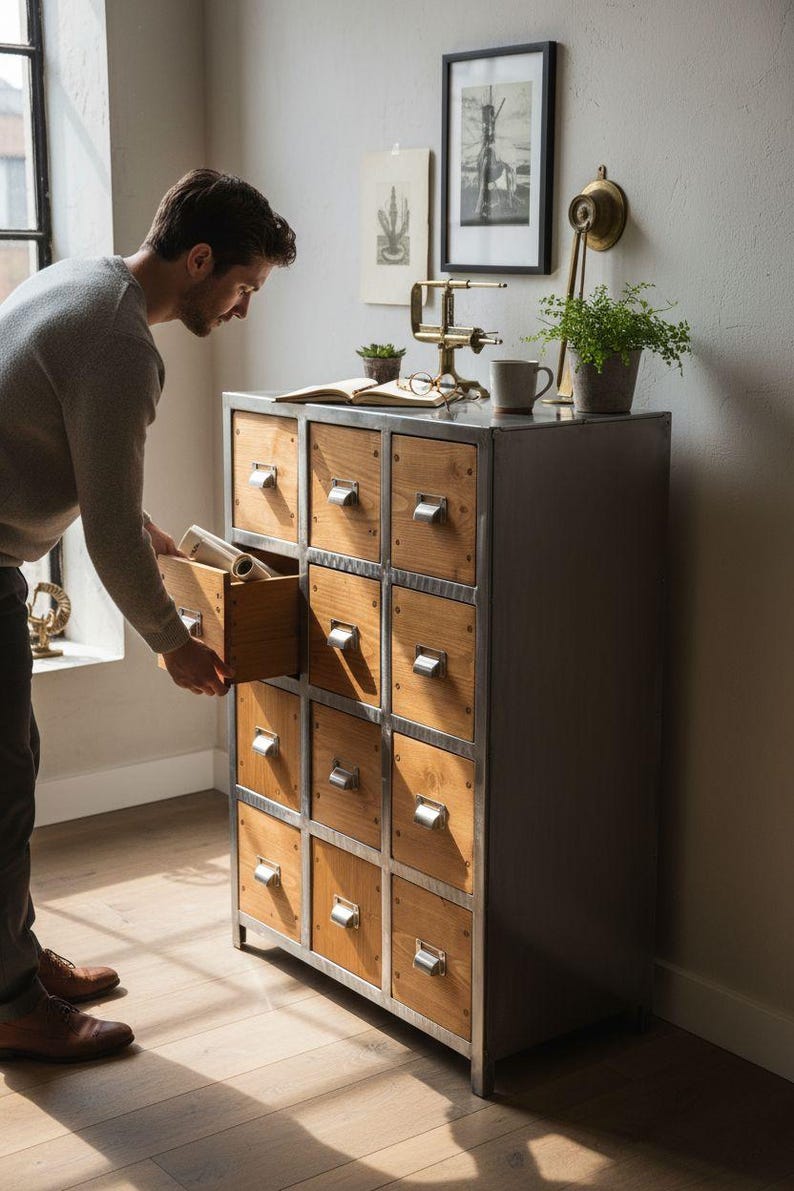 Industrial Apothecary Cabinet: Wooden Multi-Drawer Chest with metal frame - Thumbnail 2