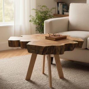 Könnte beinhalten: Ein handgefertigter Couchtisch aus Holz mit einem natürlichen Kantendesign. Der Tisch hat eine hellbraune, organisch geformte Platte, die von drei hellen Holzbeinen getragen wird. Ein Buch und eine Brille liegen auf der Tischoberfläche. Der Tisch ist etwa 76 cm breit.