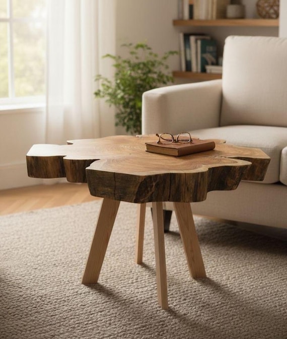 Live Edge Red Cedar Coffee Table, Scandinavian Maple Legs, Walnut