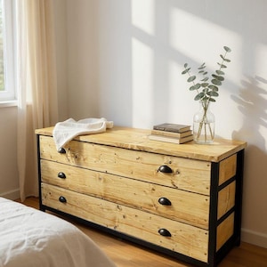 Industrial Chest Of Drawers | Solid Wood Dresser | Steel Frame Bedroom Storage | Reclaimed Wood Sideboard With Customizable Drawers image 3