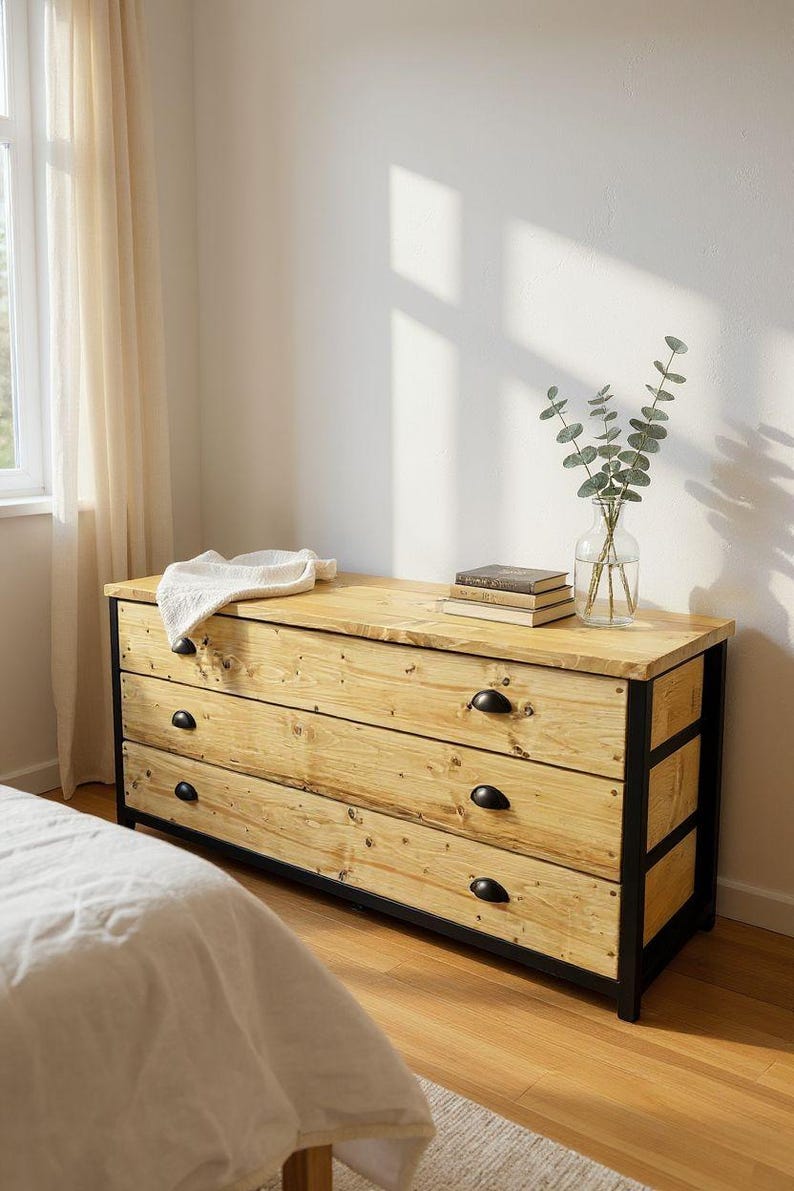 Industrial Chest Of Drawers | Solid Wood Dresser | Steel Frame Bedroom Storage | Reclaimed Wood Sideboard With Customizable Drawers image 3