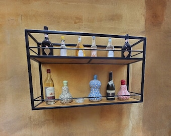 VIN. Wine rack shelving unit made of steel and wood insert floating bottle shelf storage solution