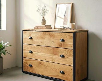 Solid Oak Dresser With Soft Close Drawers. Handmade Contemporary Industrial Woodem Bedroom Storage