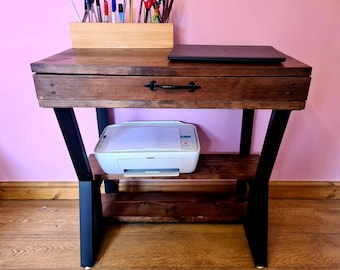 Reclaimed Wood Desk with Steel Legs: Industrial Printer Shelf & Drawer