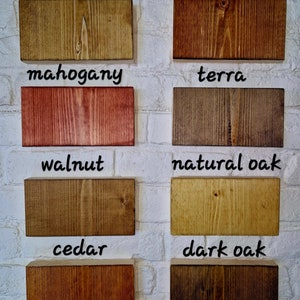 May include: Wood samples in various colors and wood types, including medium oak, rosewood, mahogany, terra, walnut, natural oak, cedar, and dark oak.