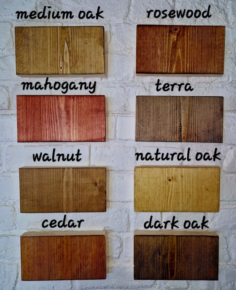 May include: Wood samples in various colors and wood types, including medium oak, rosewood, mahogany, terra, walnut, natural oak, cedar, and dark oak.