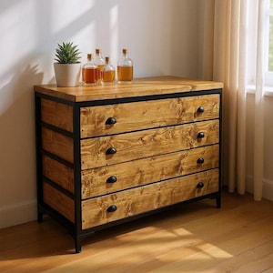 Industrial Chest Of Drawers | Solid Wood Dresser | Steel Frame Bedroom Storage | Reclaimed Wood Sideboard With Customizable Drawers image 7