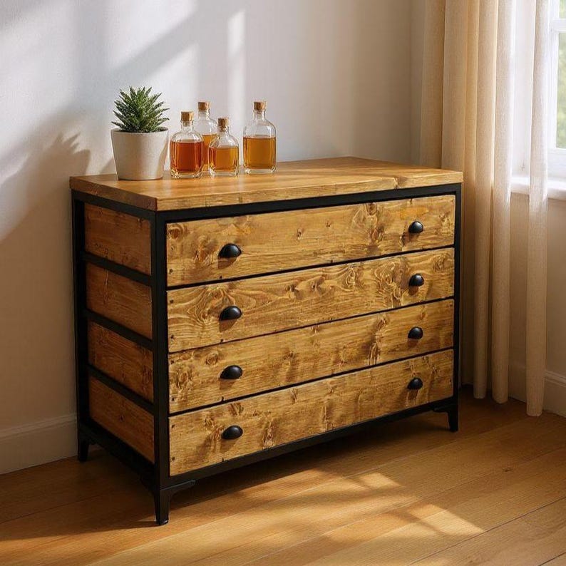Industrial Chest Of Drawers | Solid Wood Dresser | Steel Frame Bedroom Storage | Reclaimed Wood Sideboard With Customizable Drawers image 7