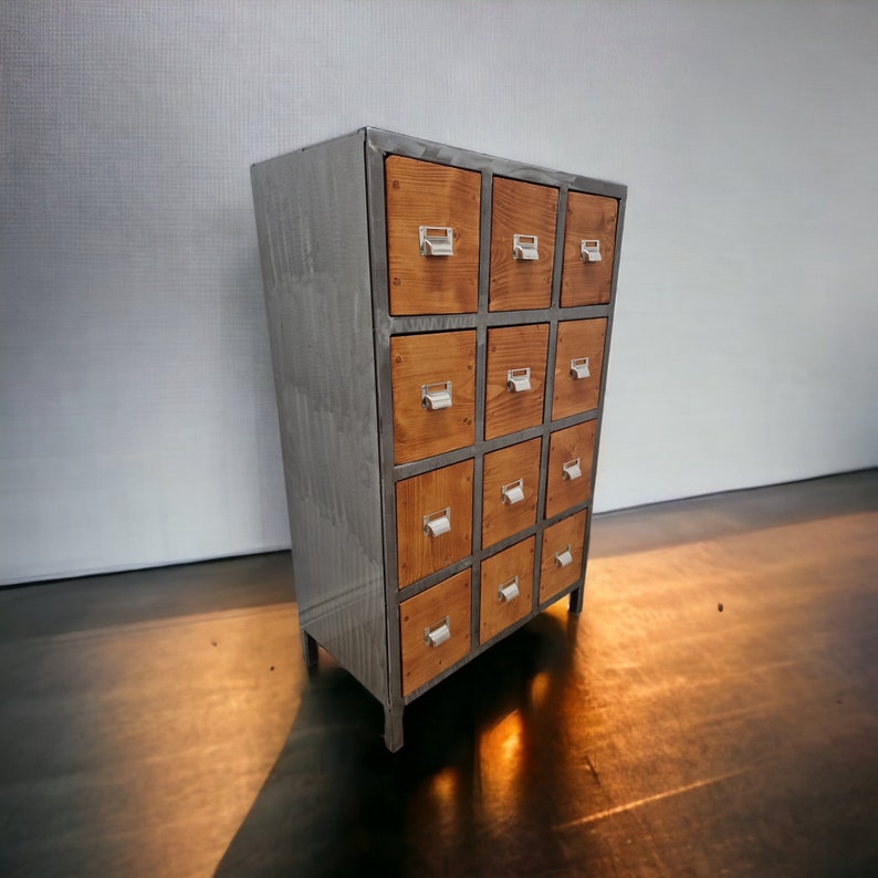 Industrial Apothecary Cabinet: Wooden Multi-Drawer Chest with metal frame