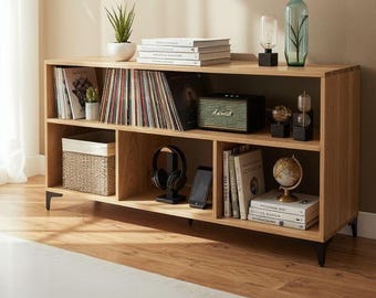 Handmade Solid Oak TV Stand, Vinyl Record Storage, Media Console
