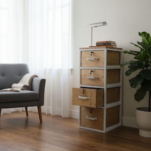 May include: A wooden file cabinet with four drawers, one open, set in a white metal frame. The cabinet has a light wood finish with silver handles and locks. A lamp and books sit on top. The cabinet is in a room with a gray chair and a potted plant.