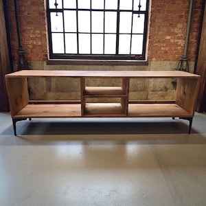 Reclaimed Wood TV Stand with Metal Tripod Legs,Rustic entertainment unit,industrial modern Media Console,handmade furniture with Storage