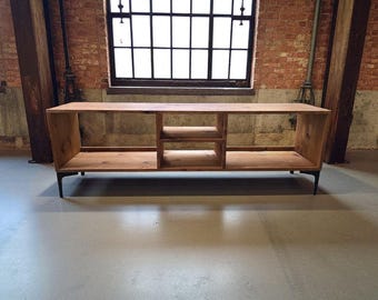 Reclaimed Wood TV Stand with Metal Tripod Legs,Rustic entertainment unit,industrial modern Media Console,handmade furniture with Storage