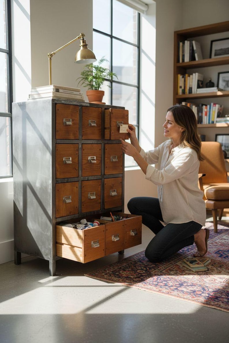 Industrial Apothecary Cabinet: Wooden Multi-Drawer Chest with metal frame - Thumbnail 4