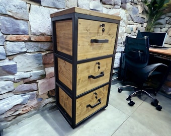 Lockable Rustic cabinets Industrial chest of drawer,solid wood steel frame office furniture heavy duty storage solution