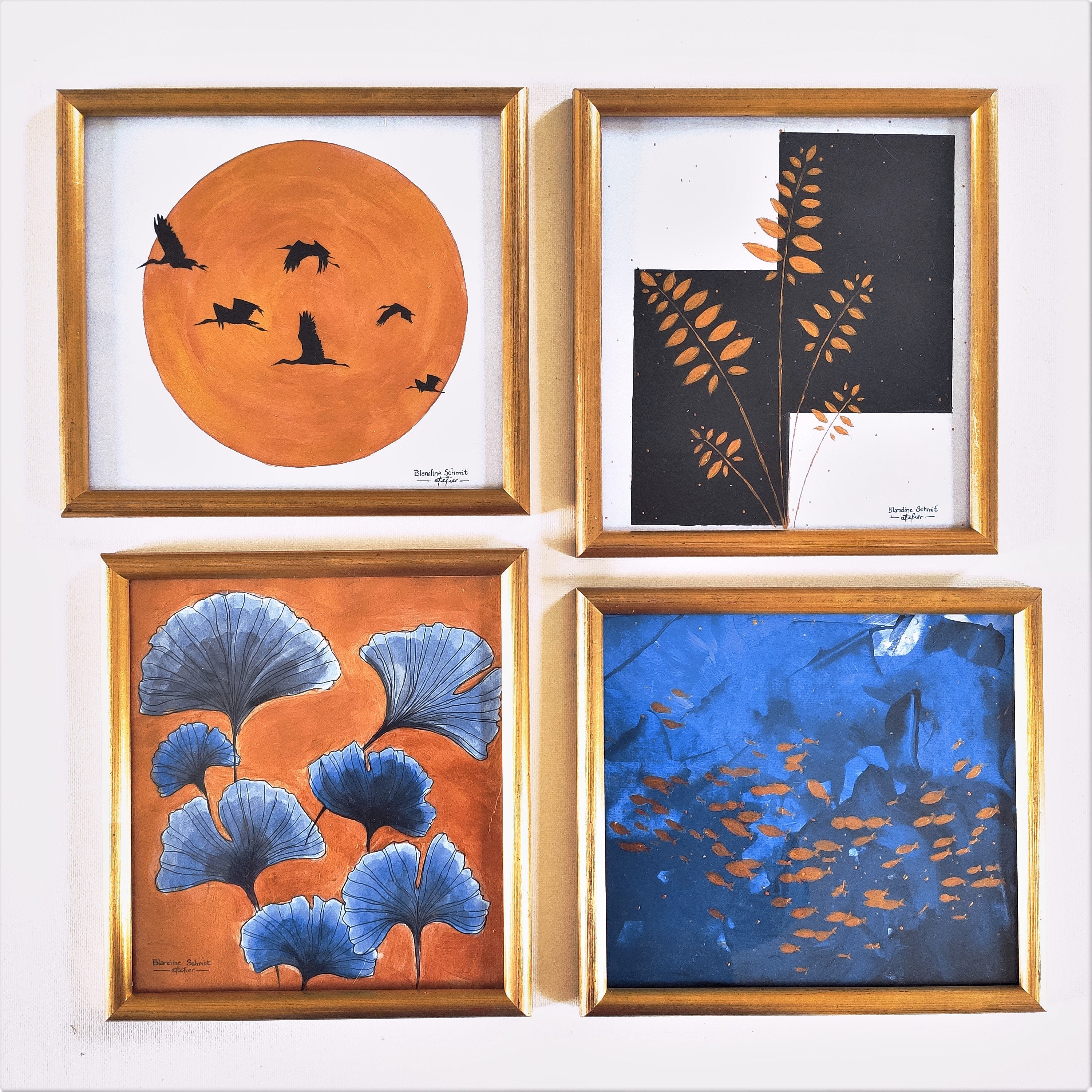 Peinture Originale sur Canson Encadré, Quadriptyque à L'acrylique