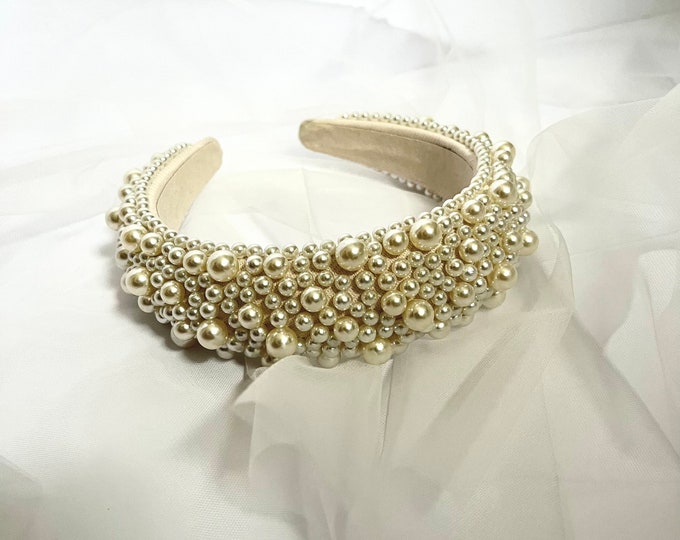 Featured listing image: Pearl Beaded Headband for Wedding / Bride or Hen Do - White / Cream Pearl Headband instead of Veil - Bridal Hair Accessory / Bridal Crown