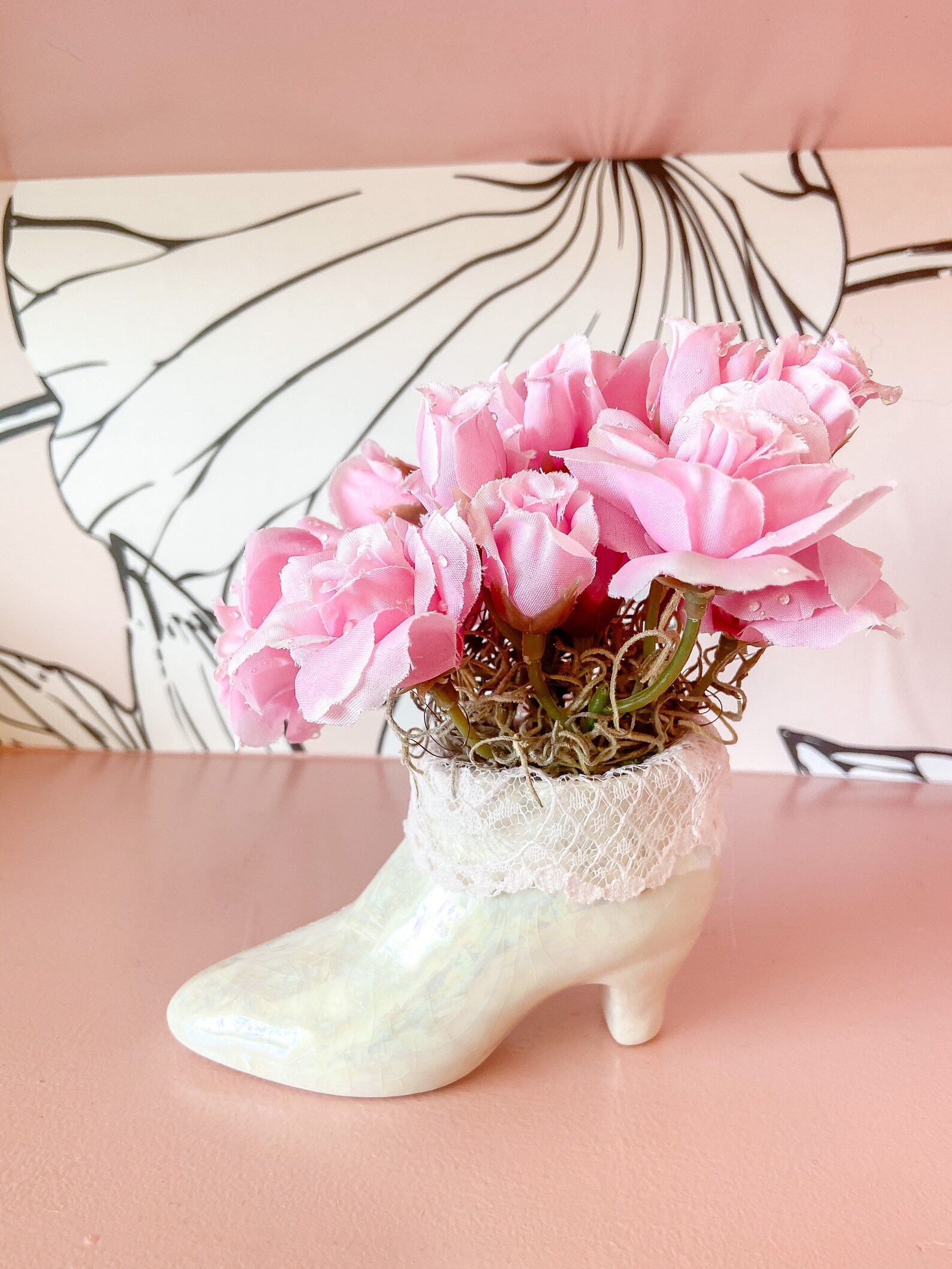 Ceramic Ladys Shoe Planter With Pink Roses Etsy