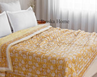 Edredón estampado a mano en amarillo primaveral / Colcha floral de algodón hecha a mano / Edredón indio reversible / Ropa de cama bohemia / Edredón tamaño queen