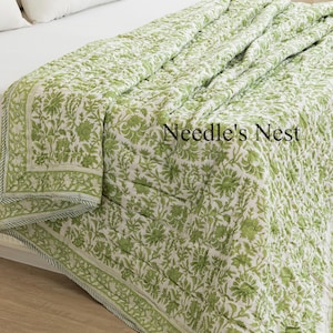 Pistachio Green Hand Block Print Quilt, Floral Kantha Reversible Bedspread, Queen Size Blanket