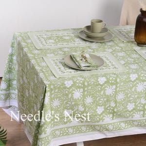 Tovaglia in cotone verde pistacchio con stampa a blocchi, copritavolo boho, tovaglioli e runner in cotone, tovaglia per esterni, tovaglia quadrata