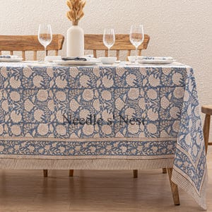 Mantel azul con estampado indio, mantel de algodón hecho a mano, cubremesa floral para comedor, decoración de cocina rústica, mantel rectangular