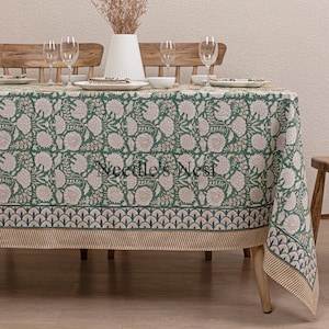 Toalha de mesa verde musgo com estampa indiana em blocos, capa de mesa floral em algodão, caminho de mesa, guardanapos, toalha de mesa para o Dia de Ação de Graças, presente para inauguração de casa