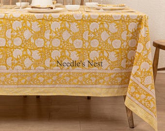 Yellow Indian Block Print Cotton Tablecloth, Floral Border Dining Cover, Summer outdoor table linen with napkins