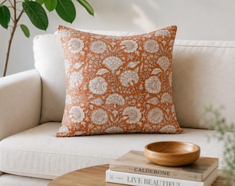 Terracotta Block Print Pillow Cover | Indian Cotton Floral Throw Pillow | Boho Farmhouse Decor