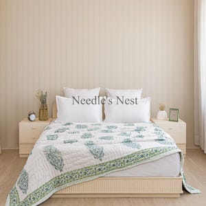 Pajeli green Block Printed Quilted Throw Blanket 100% Cotton Quilt, Cover for Couch and Bed, Lap Bedding Coverlet, Luxury Oversized Quilted