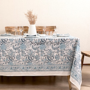 Blue Indian Block Print tablecloth, Floral Cotton Table Cover, Table Cloth Runner Napkins Set , Farmhouse Tablecloth , Gift For Housewarming