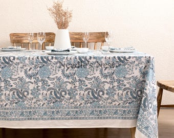 Blue Indian Block Print tablecloth, Floral Cotton Table Cover, Table Cloth Runner Napkins Set , Farmhouse Tablecloth , Gift For Housewarming