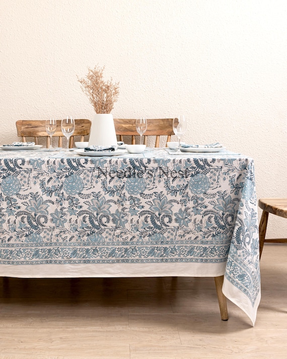 Blue Indian Block Print tablecloth, Floral Cotton Table Cover, Table Cloth Runner Napkins Set , Farmhouse Tablecloth , Gift For Housewarming