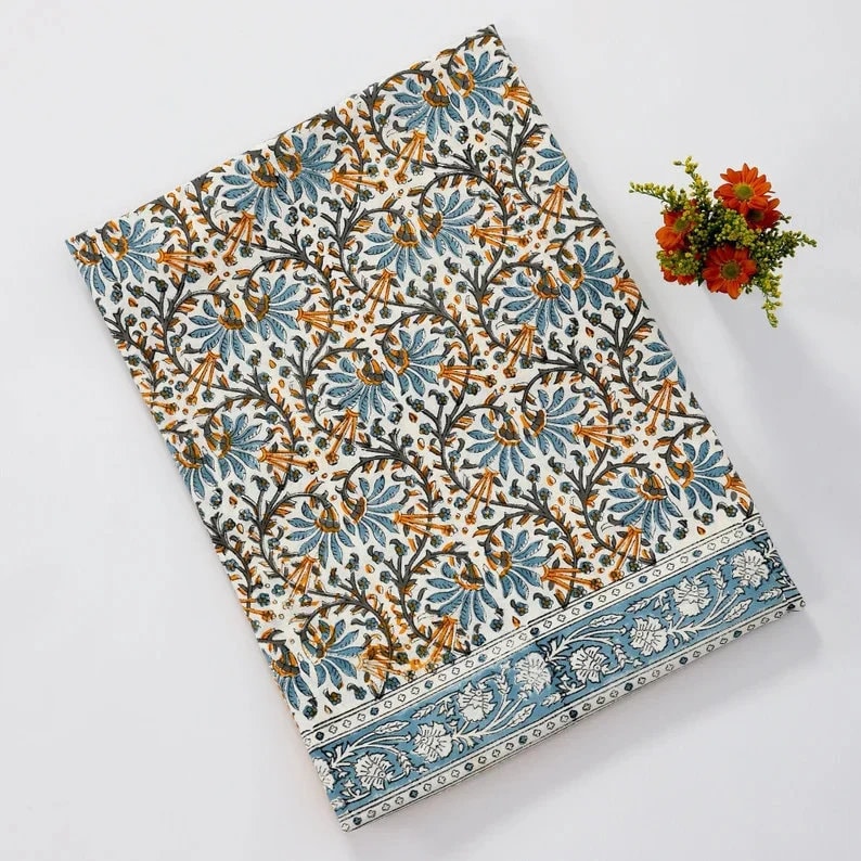 Spring Floral Tablecloth Cover, Block Printed Tablecloth, Indian Table Linen, Dinning TableCloth ,Elegant Decoration, Christmas Tablecloth