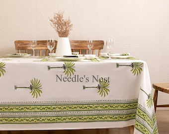 Green Palm Block Printed Tablecloth - Indian Cotton, Boho Floral Design, Dining Table Cover, Beach House Tablecloth, Tropical Tablecloth