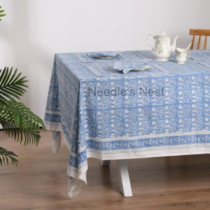 Blue floral Tablecloth,Block Printed Tablecloth,Cotton Table Cover Linen  Mats Napkins Set,Rectangle Tablecloth,Boho Table Cover