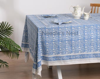 Blue floral Tablecloth,Block Printed Tablecloth,Cotton Table Cover Linen  Mats Napkins Set,Rectangle Tablecloth,Boho Table Cover