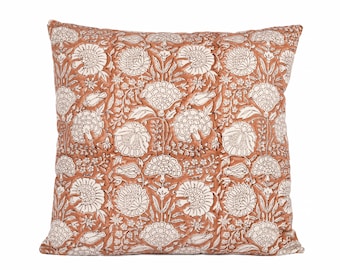 Designer Floral Terra cotta on Natural cotton Pillow Cover, Pillow cover for sale, Boho Pillow, Decorative Pillow, Throw pillow cover
