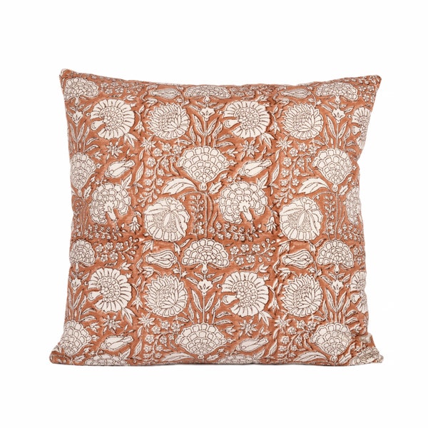 Designer Floral Terra cotta on Natural cotton Pillow Cover, Pillow cover for sale, Boho Pillow, Decorative Pillow, Throw pillow cover