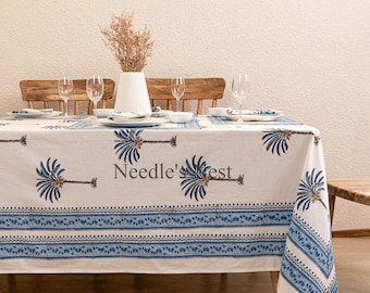 Indian Block Print tablecloth, Floral Cotton Table Cover, Table Cloth Runner Mats Napkins Set ,Blue Jaipur Tablecloth, Rectangle Table Cloth