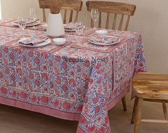 Indian Block Print Cotton Tablecloth, Floral Table Cover
