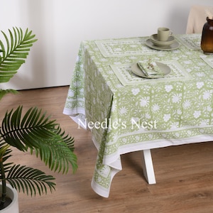 Handmade Pistachio Green Block Printed Tablecloth-Indian Cotton , Boho Floral Design,Dining Table cover,Rustic Wedding&Party Decor Events