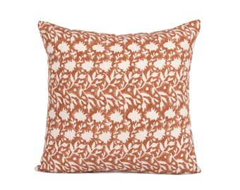 Designer Floral Terra Cota on Natural Linen Pillow Cover, Burgundy Pillow cover, Boho Throw Pillow, Floral pillow cover