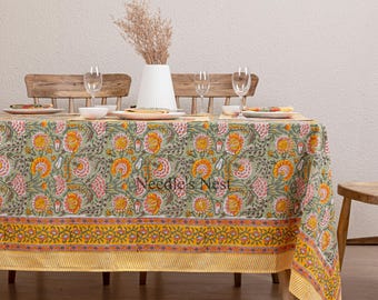 Burnt Orange and Green Indian Block Print tablecloth, Floral Cotton Table Cover, Table Runner Napkins Gift For Housewarming, Cloth for sale