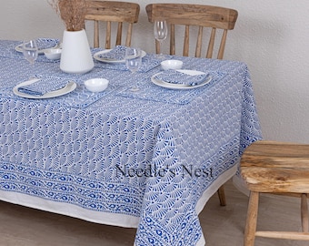 Blue Floral Indian Block Print Cotton Tablecloth, Napkins