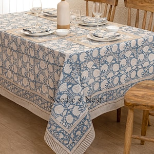 Blue Indian Block Print tablecloth, Floral Cotton Table Cover, Table Runner Napkins, Farmhouse Tablecloth , Gift For Housewarming
