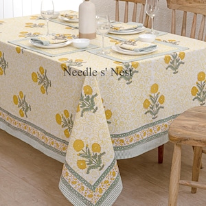 Beach Bright Yellow Indian Block Print tablecloth, Floral Cotton Table Cover, Table Runner Napkins Gift For Housewarming, Cloth for sale