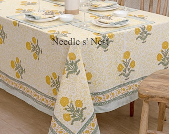 Beach Bright Yellow Indian Block Print tablecloth, Floral Cotton Table Cover, Table Runner Napkins Gift For Housewarming, Cloth for sale