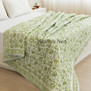 Couette imprimée bloc vert pistache, courtepointe Kantha, couette réversible florale faite main, couette queen size à vendre, couverture pour canapé